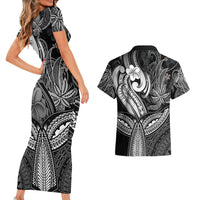Polynesia Couples Matching Short Sleeve Bodycon Dress and Hawaiian Shirt Whale Tale and Polynesian Sunset Plumeria Black LT9 - Wonder Print Shop