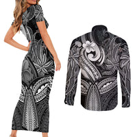 Polynesia Couples Matching Short Sleeve Bodycon Dress and Long Sleeve Button Shirts Whale Tale and Polynesian Sunset Plumeria Black LT9 - Wonder Print Shop