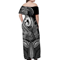 Polynesia Off Shoulder Maxi Dress Whale Tale and Polynesian Sunset Plumeria Black - Wonder Print Shop