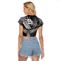 Polynesia Raglan Cropped T Shirt Whale Tale and Polynesian Sunset Plumeria Black - Wonder Print Shop
