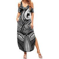 Polynesia Summer Maxi Dress Whale Tale and Polynesian Sunset Plumeria Black - Wonder Print Shop