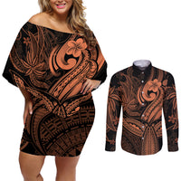 Polynesia Couples Matching Off Shoulder Short Dress and Long Sleeve Button Shirts Whale Tale and Polynesian Sunset Plumeria Gold LT9 - Wonder Print Shop