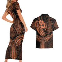 Polynesia Couples Matching Short Sleeve Bodycon Dress and Hawaiian Shirt Whale Tale and Polynesian Sunset Plumeria Gold LT9 - Wonder Print Shop