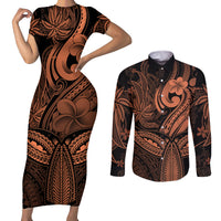 Polynesia Couples Matching Short Sleeve Bodycon Dress and Long Sleeve Button Shirts Whale Tale and Polynesian Sunset Plumeria Gold LT9 - Wonder Print Shop
