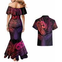 Polynesia Couples Matching Mermaid Dress and Hawaiian Shirt Whale Tale and Polynesian Sunset Plumeria Pink LT9 - Wonder Print Shop