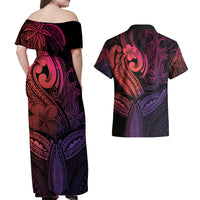 Polynesia Couples Matching Off Shoulder Maxi Dress and Hawaiian Shirt Whale Tale and Polynesian Sunset Plumeria Pink LT9 - Wonder Print Shop