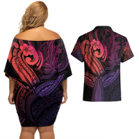 Polynesia Couples Matching Off Shoulder Short Dress and Hawaiian Shirt Whale Tale and Polynesian Sunset Plumeria Pink LT9 - Wonder Print Shop