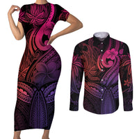 Polynesia Couples Matching Short Sleeve Bodycon Dress and Long Sleeve Button Shirts Whale Tale and Polynesian Sunset Plumeria Pink LT9 - Wonder Print Shop