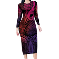 Polynesia Long Sleeve Bodycon Dress Whale Tale and Polynesian Sunset Plumeria Pink - Wonder Print Shop