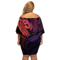 Polynesia Off Shoulder Short Dress Whale Tale and Polynesian Sunset Plumeria Pink - Wonder Print Shop