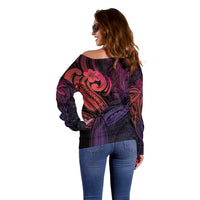 Polynesia Off Shoulder Sweater Whale Tale and Polynesian Sunset Plumeria Pink - Wonder Print Shop