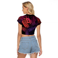 Polynesia Raglan Cropped T Shirt Whale Tale and Polynesian Sunset Plumeria Pink - Wonder Print Shop