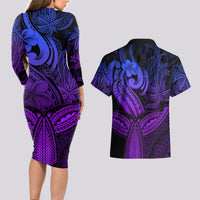 Polynesia Couples Matching Long Sleeve Bodycon Dress and Hawaiian Shirt Whale Tale and Polynesian Sunset Plumeria Purple LT9 - Wonder Print Shop