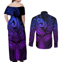 Polynesia Couples Matching Off Shoulder Maxi Dress and Long Sleeve Button Shirts Whale Tale and Polynesian Sunset Plumeria Purple LT9 - Wonder Print Shop
