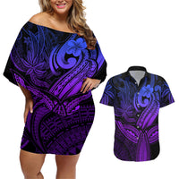 Polynesia Couples Matching Off Shoulder Short Dress and Hawaiian Shirt Whale Tale and Polynesian Sunset Plumeria Purple LT9 - Wonder Print Shop