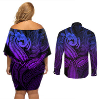 Polynesia Couples Matching Off Shoulder Short Dress and Long Sleeve Button Shirts Whale Tale and Polynesian Sunset Plumeria Purple LT9 - Wonder Print Shop