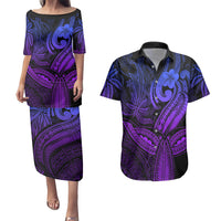 Polynesia Couples Matching Puletasi Dress and Hawaiian Shirt Whale Tale and Polynesian Sunset Plumeria Purple LT9 - Wonder Print Shop