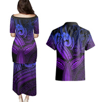 Polynesia Couples Matching Puletasi Dress and Hawaiian Shirt Whale Tale and Polynesian Sunset Plumeria Purple LT9 - Wonder Print Shop