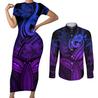 Polynesia Couples Matching Short Sleeve Bodycon Dress and Long Sleeve Button Shirts Whale Tale and Polynesian Sunset Plumeria Purple LT9 - Wonder Print Shop