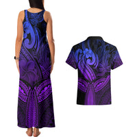 Polynesia Couples Matching Tank Maxi Dress and Hawaiian Shirt Whale Tale and Polynesian Sunset Plumeria Purple LT9 - Wonder Print Shop
