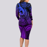 Polynesia Long Sleeve Bodycon Dress Whale Tale and Polynesian Sunset Plumeria Purple - Wonder Print Shop
