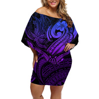 Polynesia Off Shoulder Short Dress Whale Tale and Polynesian Sunset Plumeria Purple - Wonder Print Shop