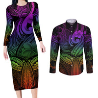Polynesia Couples Matching Long Sleeve Bodycon Dress and Long Sleeve Button Shirts Whale Tale and Polynesian Sunset Plumeria Rainbow LT9 - Wonder Print Shop