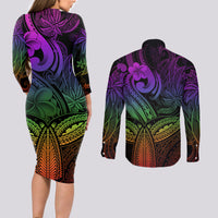 Polynesia Couples Matching Long Sleeve Bodycon Dress and Long Sleeve Button Shirts Whale Tale and Polynesian Sunset Plumeria Rainbow LT9 - Wonder Print Shop