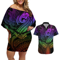 Polynesia Couples Matching Off Shoulder Short Dress and Hawaiian Shirt Whale Tale and Polynesian Sunset Plumeria Rainbow LT9 - Wonder Print Shop