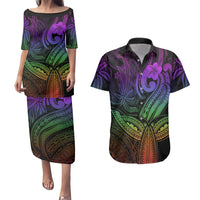 Polynesia Couples Matching Puletasi Dress and Hawaiian Shirt Whale Tale and Polynesian Sunset Plumeria Rainbow LT9 - Wonder Print Shop