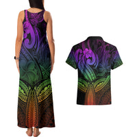 Polynesia Couples Matching Tank Maxi Dress and Hawaiian Shirt Whale Tale and Polynesian Sunset Plumeria Rainbow LT9 - Wonder Print Shop