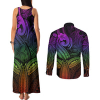 Polynesia Couples Matching Tank Maxi Dress and Long Sleeve Button Shirts Whale Tale and Polynesian Sunset Plumeria Rainbow LT9 - Wonder Print Shop
