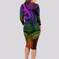 Polynesia Long Sleeve Bodycon Dress Whale Tale and Polynesian Sunset Plumeria Rainbow - Wonder Print Shop