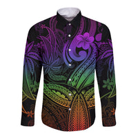 Polynesia Long Sleeve Button Shirt Whale Tale and Polynesian Sunset Plumeria Rainbow - Wonder Print Shop
