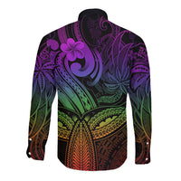 Polynesia Long Sleeve Button Shirt Whale Tale and Polynesian Sunset Plumeria Rainbow - Wonder Print Shop
