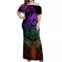 Polynesia Off Shoulder Maxi Dress Whale Tale and Polynesian Sunset Plumeria Rainbow - Wonder Print Shop