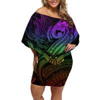 Polynesia Off Shoulder Short Dress Whale Tale and Polynesian Sunset Plumeria Rainbow - Wonder Print Shop