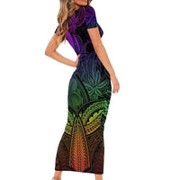 Polynesia Short Sleeve Bodycon Dress Whale Tale and Polynesian Sunset Plumeria Rainbow - Wonder Print Shop
