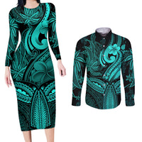 Polynesia Couples Matching Long Sleeve Bodycon Dress and Long Sleeve Button Shirts Whale Tale and Polynesian Sunset Plumeria Turquoise LT9 - Wonder Print Shop