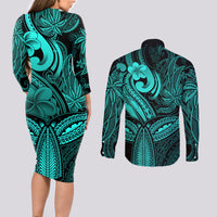 Polynesia Couples Matching Long Sleeve Bodycon Dress and Long Sleeve Button Shirts Whale Tale and Polynesian Sunset Plumeria Turquoise LT9 - Wonder Print Shop