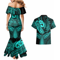 Polynesia Couples Matching Mermaid Dress and Hawaiian Shirt Whale Tale and Polynesian Sunset Plumeria Turquoise LT9 - Wonder Print Shop