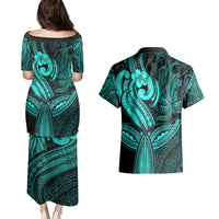 Polynesia Couples Matching Puletasi Dress and Hawaiian Shirt Whale Tale and Polynesian Sunset Plumeria Turquoise LT9 - Wonder Print Shop