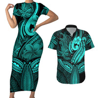 Polynesia Couples Matching Short Sleeve Bodycon Dress and Hawaiian Shirt Whale Tale and Polynesian Sunset Plumeria Turquoise LT9 - Wonder Print Shop
