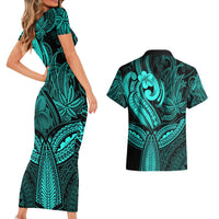 Polynesia Couples Matching Short Sleeve Bodycon Dress and Hawaiian Shirt Whale Tale and Polynesian Sunset Plumeria Turquoise LT9 - Wonder Print Shop