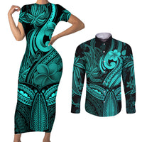 Polynesia Couples Matching Short Sleeve Bodycon Dress and Long Sleeve Button Shirts Whale Tale and Polynesian Sunset Plumeria Turquoise LT9 - Wonder Print Shop