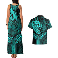 Polynesia Couples Matching Tank Maxi Dress and Hawaiian Shirt Whale Tale and Polynesian Sunset Plumeria Turquoise LT9 - Wonder Print Shop