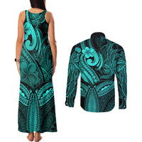 Polynesia Couples Matching Tank Maxi Dress and Long Sleeve Button Shirts Whale Tale and Polynesian Sunset Plumeria Turquoise LT9 - Wonder Print Shop