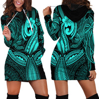 Polynesia Hoodie Dress Whale Tale and Polynesian Sunset Plumeria Turquoise - Wonder Print Shop