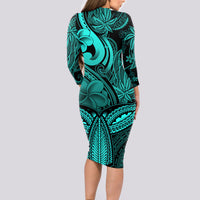 Polynesia Long Sleeve Bodycon Dress Whale Tale and Polynesian Sunset Plumeria Turquoise - Wonder Print Shop