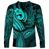 Polynesia Long Sleeve Shirt Whale Tale and Polynesian Sunset Plumeria Turquoise - Wonder Print Shop